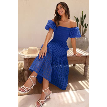 PRETTYGARDEN Women's Casual Summer Dress Puffy Short Sleeve Square Neck Smocked Tiered A Line Maxi Long Dresses (Plaid Blue,Large)
