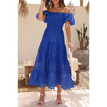 PRETTYGARDEN Women's Casual Summer Dress Puffy Short Sleeve Square Neck Smocked Tiered A Line Maxi Long Dresses (Plaid Blue,Large)