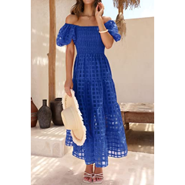 PRETTYGARDEN Women's Casual Summer Dress Puffy Short Sleeve Square Neck Smocked Tiered A Line Maxi Long Dresses (Plaid Blue,Large)