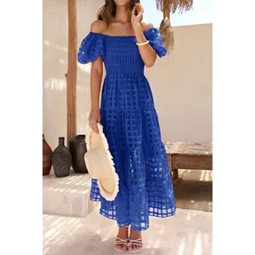 PRETTYGARDEN Women's Casual Summer Dress Puffy Short Sleeve Square Neck Smocked Tiered A Line Maxi Long Dresses (Plaid Blue,Large)