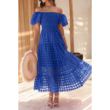 PRETTYGARDEN Women's Casual Summer Dress Puffy Short Sleeve Square Neck Smocked Tiered A Line Maxi Long Dresses (Plaid Blue,Large)