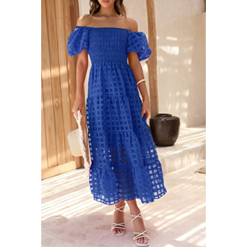 PRETTYGARDEN Women's Casual Summer Dress Puffy Short Sleeve Square Neck Smocked Tiered A Line Maxi Long Dresses (Plaid Blue,Large)