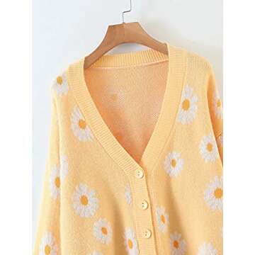 Women Y2K Floral Print Knit Cardigan Sweater Long Sleeve V Neck Button Down Sweater Vintage Aesthetic 90s Outerwear Tops (Yellow, OneSize)