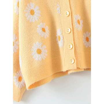 Women Y2K Floral Print Knit Cardigan Sweater Long Sleeve V Neck Button Down Sweater Vintage Aesthetic 90s Outerwear Tops (Yellow, OneSize)