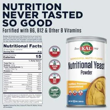 KAL Nutritional Yeast Powder, Fortified with B6, B12, Folic Acid and Other B Vitamins, Premium and U...