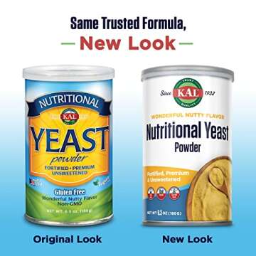 KAL Nutritional Yeast Powder, Fortified with B6, B12, Folic Acid and Other B Vitamins, Premium and Unsweetened, Great Nutty Flavor, Vegan, Gluten Free, Non-GMO, 60-Day Guarantee, 20 Servings, 6.3oz