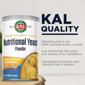 KAL Nutritional Yeast Powder, Fortified with B6, B12, Folic Acid and Other B Vitamins, Premium and Unsweetened, Great Nutty Flavor, Vegan, Gluten Free, Non-GMO, 60-Day Guarantee, 20 Servings, 6.3oz