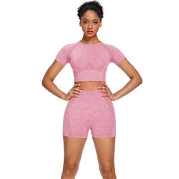Sytiz Women Seamless Yoga Outfits 2 piece Set Workout Gym Shorts + Short Sleeve Crop Top (Pink, m)