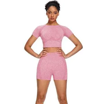 Sytiz Women Seamless Yoga Outfits 2 piece Set Workout Gym Shorts + Short Sleeve Crop Top (Pink, m)