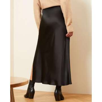 Amy Babe Women Silk high Waisted Maxi Formal Satin Elastic Waistband Slip Skirts Long Black Skirt wi...
