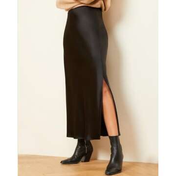 Amy Babe Women Silk high Waisted Maxi Formal Satin Elastic Waistband Slip Skirts Long Black Skirt with Slit Small