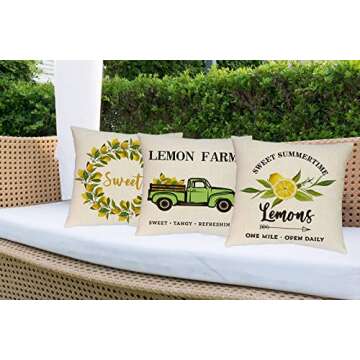 Hlonon Summer Pillow Covers 18x18 Inch Set of 4 Summer Decorations Lemons Farm Truck Bicycle Farmhouse Throw Pillows Cases Linen Cushion Case for Couch Sofa Home Decor