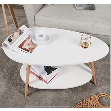Maupvit Coffee Table-Oval Wood Table with Open Shelving for Storage and Display 2 Tier Sofa Table, Small Modern Furniture Living Room&Home Office-White