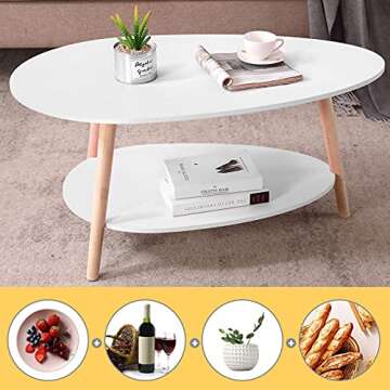 Maupvit Coffee Table-Oval Wood Table with Open Shelving for Storage and Display 2 Tier Sofa Table, Small Modern Furniture Living Room&Home Office-White