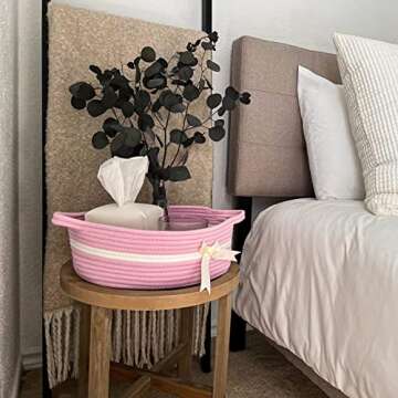 CHICVITA Pink Baby Girl Gift Basket, Small Woven Rope Basket, Rectangle Shelf Basket for Bathroom, Cute Nursery Storage Basket for Toys, Diapers, Towels, Snacks, 13 x 9.8 x 5 inches