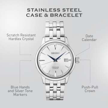 SEIKO SRPB77 Automatic Watch for Men - Presage Cocktail Time - Patterned Silver Dial with Gloss Finish, Date Calendar, 50m Water-Resistant