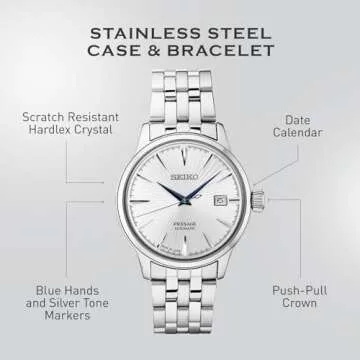 SEIKO SRPB77 Automatic Watch for Men - Presage Cocktail Time - Patterned Silver Dial with Gloss Finish, Date Calendar, 50m Water-Resistant