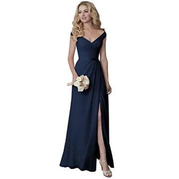 Sukleet Long Bridesmaid Dress with Slit Off The Shoulder Ruched Chiffon A Line Formal Dresses for Wo...