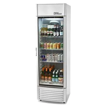 PremiumLevella PRF125DX Glass Door Display Refrigerator 12.5 cu ft Commercial Beverage Cooler Merchandiser With Customizable Lightbox - Silver