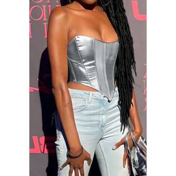 ABMOIU Leather Corset Tops for Women Strapless Lace Up Boned Sweetheart Neck Bodyshaper Bustier Sexy Crop Top Silver Small