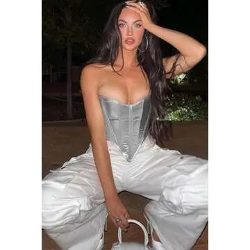 ABMOIU Leather Corset Tops for Women Strapless Lace Up Boned Sweetheart Neck Bodyshaper Bustier Sexy Crop Top Silver Small