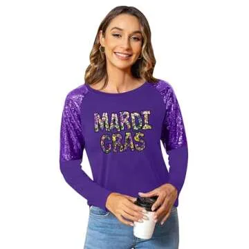 Mardi Gras Shirts for Women Carnival Fat Tuesday Shirt New Orleans Party Mardi Gras Outfit Gifts Seq...