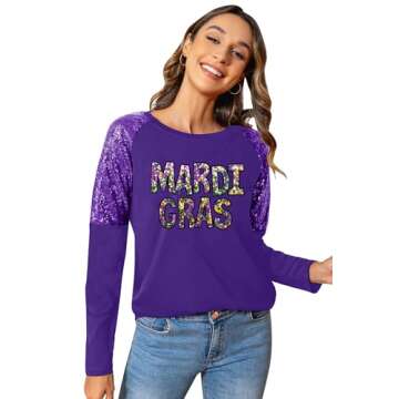 Mardi Gras Shirts for Women Carnival Fat Tuesday Shirt New Orleans Party Mardi Gras Outfit Gifts Sequin Long Sleeve Tee Top(Purple4, Small)