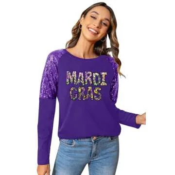 Mardi Gras Shirts for Women Carnival Fat Tuesday Shirt New Orleans Party Mardi Gras Outfit Gifts Sequin Long Sleeve Tee Top(Purple4, Small)