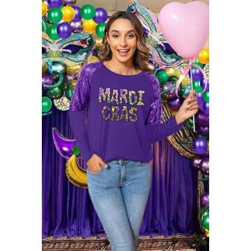 Mardi Gras Shirts for Women Carnival Fat Tuesday Shirt New Orleans Party Mardi Gras Outfit Gifts Sequin Long Sleeve Tee Top(Purple4, Small)