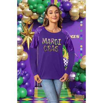 Mardi Gras Shirts for Women Carnival Fat Tuesday Shirt New Orleans Party Mardi Gras Outfit Gifts Sequin Long Sleeve Tee Top(Purple4, Small)
