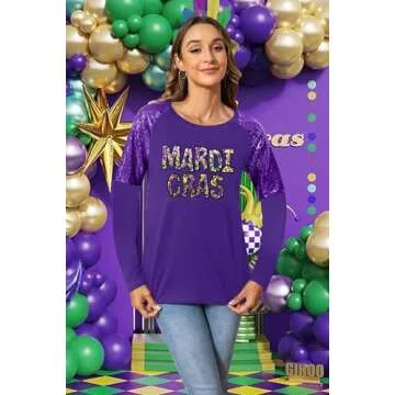 Mardi Gras Shirts for Women Carnival Fat Tuesday Shirt New Orleans Party Mardi Gras Outfit Gifts Sequin Long Sleeve Tee Top(Purple4, Small)