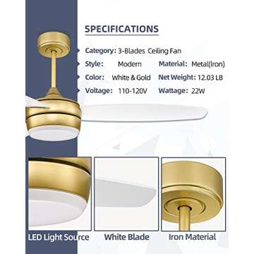 YOUKAIN Modern Ceiling Fan, 52 Inch Gold Ceiling Fan with Light and Remote Control, LED Ceiling Fan ...