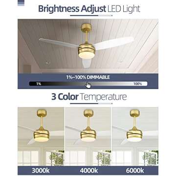 YOUKAIN Modern Ceiling Fan, 52 Inch Gold Ceiling Fan with Light and Remote Control, LED Ceiling Fan with 3 White Blades for Living room, Bedroom, Bathroom, 52-YJ273-WH