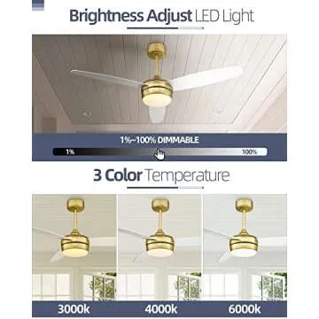 YOUKAIN Modern Ceiling Fan, 52 Inch Gold Ceiling Fan with Light and Remote Control, LED Ceiling Fan with 3 White Blades for Living room, Bedroom, Bathroom, 52-YJ273-WH