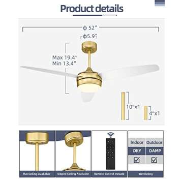 YOUKAIN Modern Ceiling Fan, 52 Inch Gold Ceiling Fan with Light and Remote Control, LED Ceiling Fan with 3 White Blades for Living room, Bedroom, Bathroom, 52-YJ273-WH