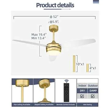 YOUKAIN Modern Ceiling Fan, 52 Inch Gold Ceiling Fan with Light and Remote Control, LED Ceiling Fan with 3 White Blades for Living room, Bedroom, Bathroom, 52-YJ273-WH