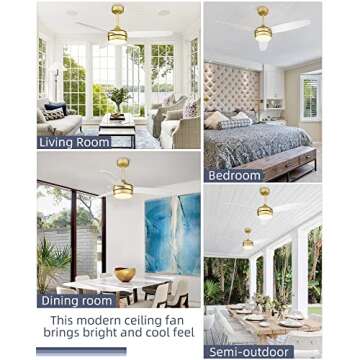 YOUKAIN Modern Ceiling Fan, 52 Inch Gold Ceiling Fan with Light and Remote Control, LED Ceiling Fan with 3 White Blades for Living room, Bedroom, Bathroom, 52-YJ273-WH
