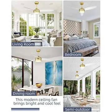 YOUKAIN Modern Ceiling Fan, 52 Inch Gold Ceiling Fan with Light and Remote Control, LED Ceiling Fan with 3 White Blades for Living room, Bedroom, Bathroom, 52-YJ273-WH