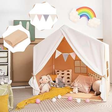 HONEY JOY Kids Play Tent, Toddler Tent Indoor Playhouses with Mat, Windows, Curtain, Solid Wood Fram...