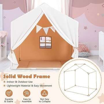 HONEY JOY Kids Play Tent, Toddler Tent Indoor Playhouses with Mat, Windows, Curtain, Solid Wood Frame, 52" x36" x 52", Large Children Princess Castle Play Tent for Boys Girls (Brown)