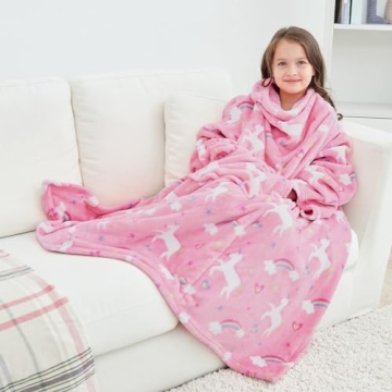 Wearable Unicorn Snuggie - Fleece Blanket with Sleeves for Kids, 48" x 48"
