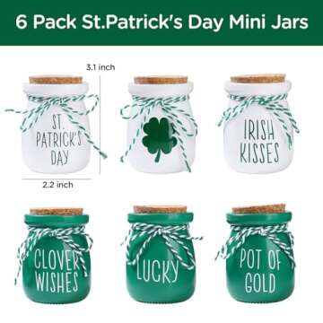 St Patricks Day Decorations - 6PCS St.Patrick's Day Mini Jars -Farmhouse St Patricks Day Decor for Home Kitchen Table Fireplace Mantel Decor ﻿
