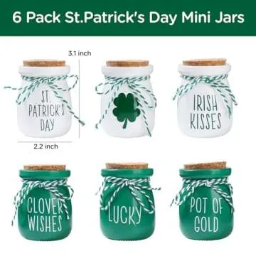 St Patricks Day Decorations - 6PCS St.Patrick's Day Mini Jars -Farmhouse St Patricks Day Decor for Home Kitchen Table Fireplace Mantel Decor ﻿