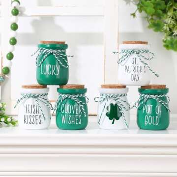 St Patricks Day Decorations - 6PCS St.Patrick's Day Mini Jars -Farmhouse St Patricks Day Decor for Home Kitchen Table Fireplace Mantel Decor ﻿