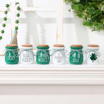St Patricks Day Decorations - 6PCS St.Patrick's Day Mini Jars -Farmhouse St Patricks Day Decor for Home Kitchen Table Fireplace Mantel Decor ﻿