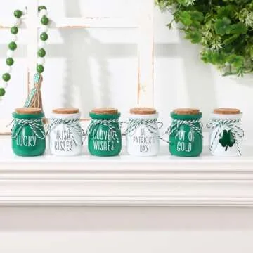St Patricks Day Decorations - 6PCS St.Patrick's Day Mini Jars -Farmhouse St Patricks Day Decor for Home Kitchen Table Fireplace Mantel Decor ﻿