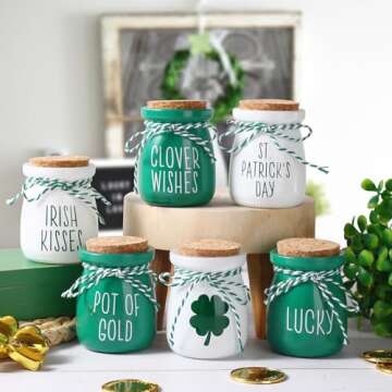 St Patricks Day Decorations - 6PCS St.Patrick's Day Mini Jars -Farmhouse St Patricks Day Decor for Home Kitchen Table Fireplace Mantel Decor ﻿
