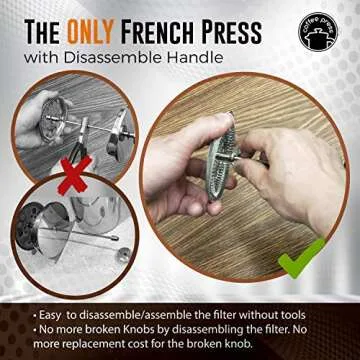 EzDtach French Press Coffee Maker with 2 Extra Screens, 34oz, French Press Stainless Steel 304 Grade, Easy Disassemble Design Double Filter, Thick Heat Resistant Glass Pot (Copper)