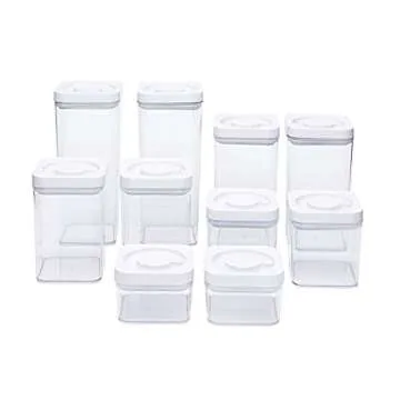 Amazon Basics Food Storage Containers with Lids, 10-Piece Square Set, Airtight Kitchen Pantry Organizers, Clear Plastic