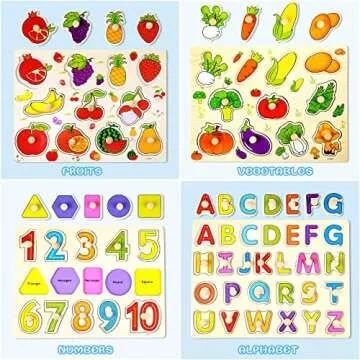 12 Pack Wooden Peg Puzzles for 2-5 Years Old Learning Toys Gift Early Educational Games Teenager Puzzles Set Alphabet Numbers Animals Fruits Learning Puzzles Board for 2-5 Years Old Teenager